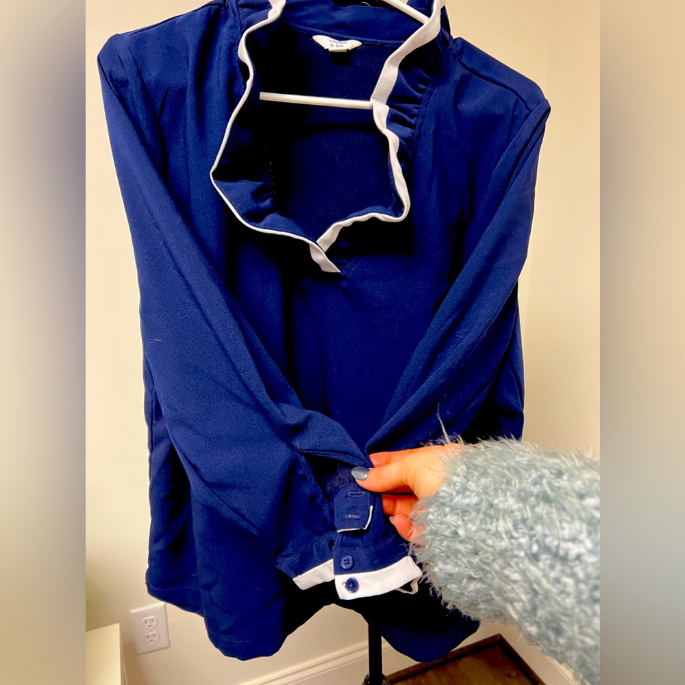 Crown & Ivy Women’s shirt, size Large, navy blue and white ruffles
